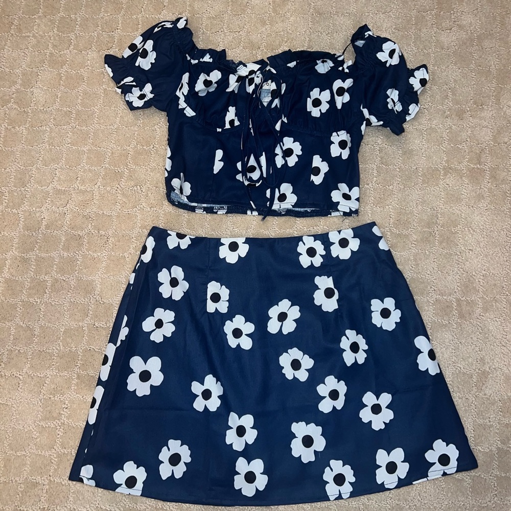 Hello Molly Two Piece Blue Floral Skirt Set